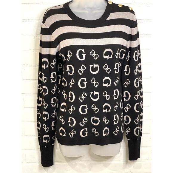 Guess Logo Letter Long Sleeve Classic Pullover Sweater Black/Wh | Womens Large - Picture 1 of 8
